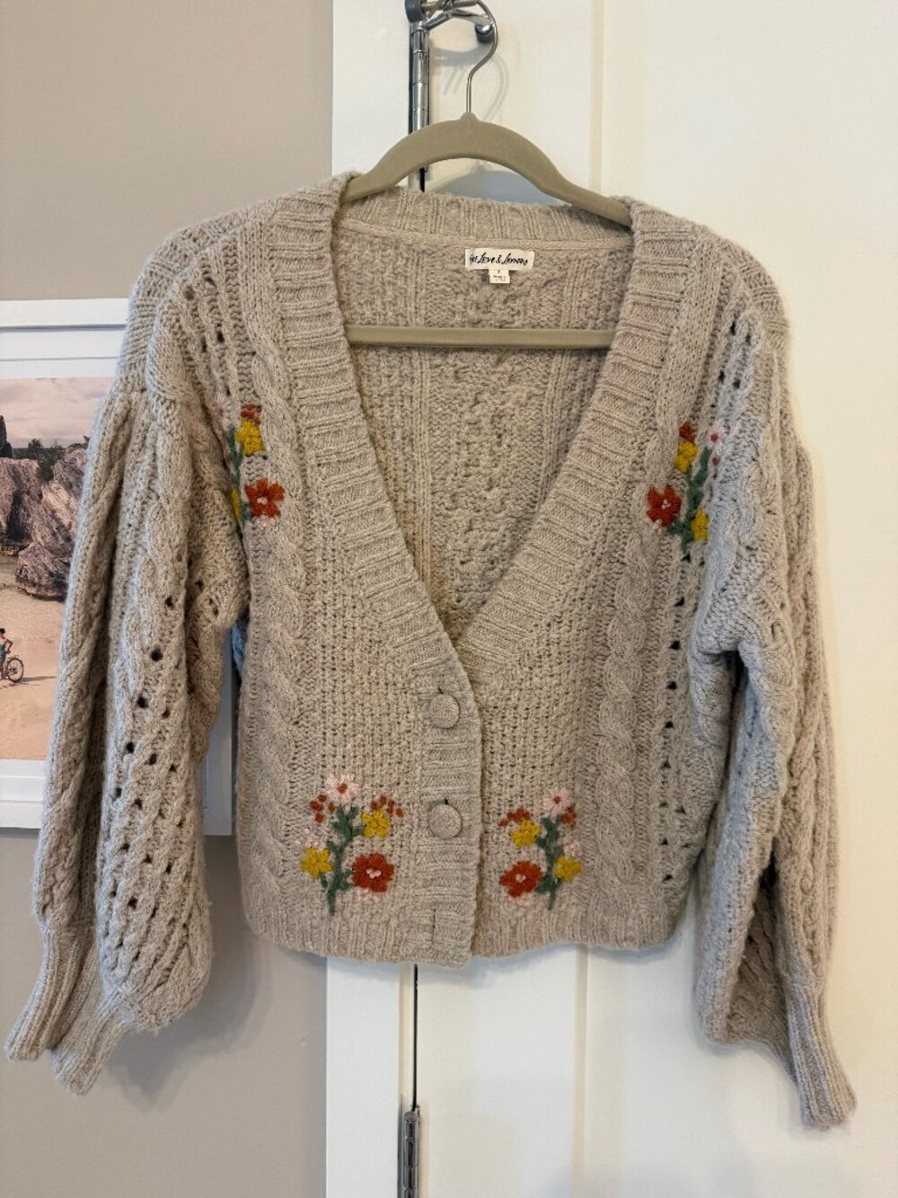 For Love & Lemons Amaryllis Cropped Cable Knit Cardigan Floral Embroidered S